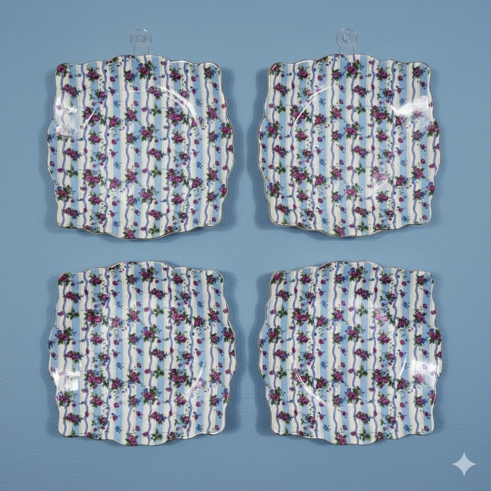 Decorative Square Scalloped Plates Blue Pink Chintz Floral Wall Décor
